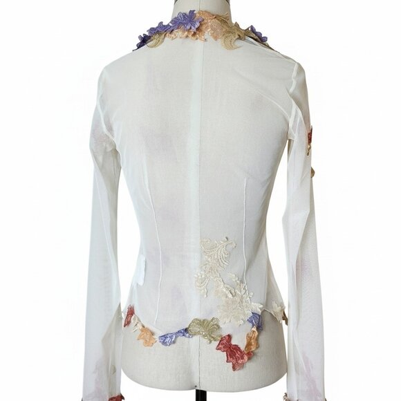 💥WOW! MANDALAY Fairy Sheer Appliqué Ruffled Collar Blouse Top Embellished Y2k - Picture 6 of 16